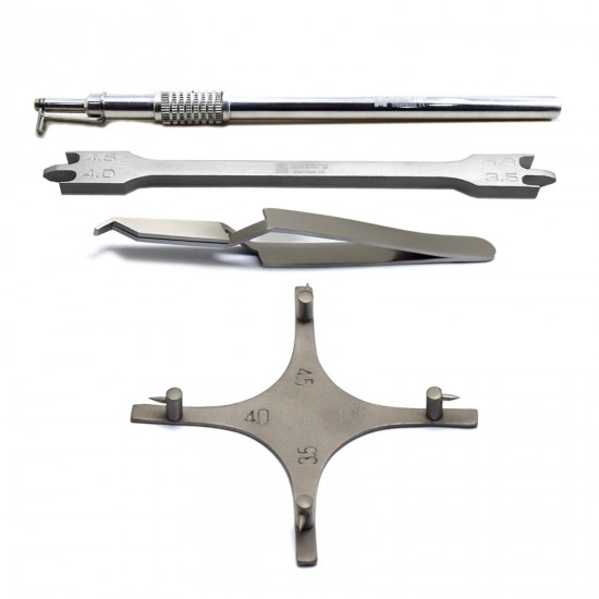 Orthodontic buccal tubes , tweezers, height gauge, bracket marking cross (4 pieces)