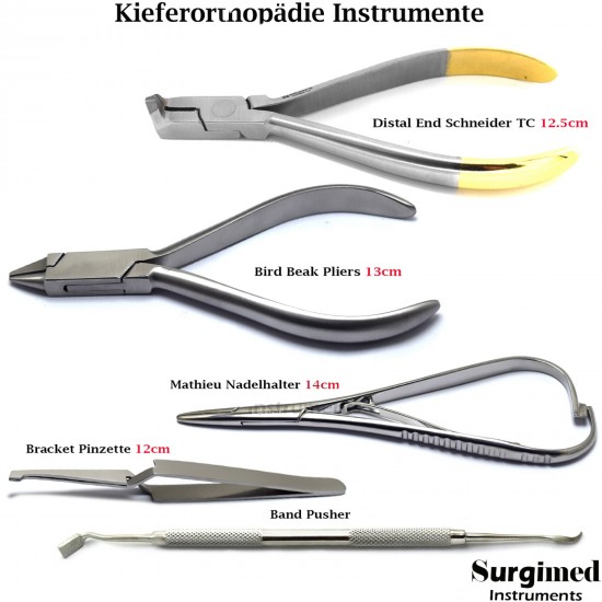 5-piece orthodontic instrument set: Distal cutter, needle holder, wire bending pliers