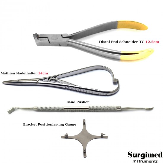 Orthodontist needle holder distal cutter band pressure plate bracket marking cross