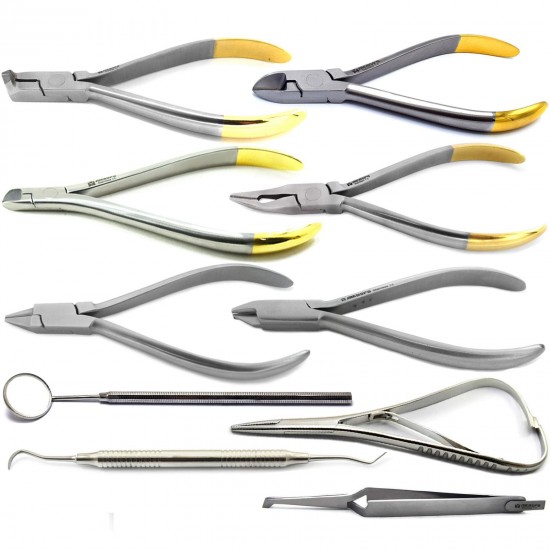 Orthodontist, archwire bending pliers , wire ligatures, cutter, distal needle holder